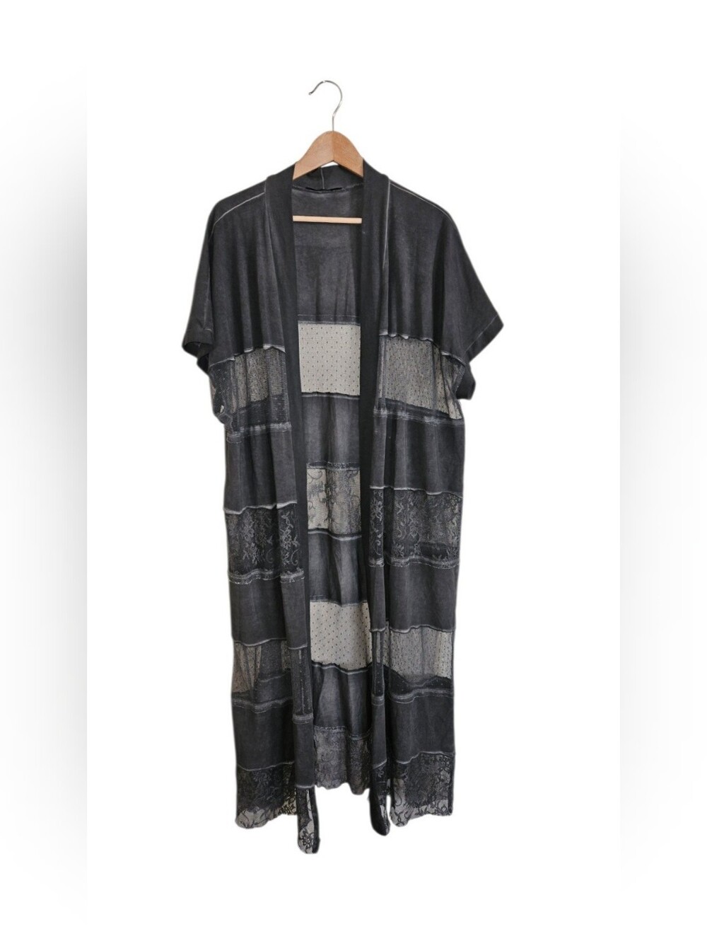 LUUKAA Longline Open-Front Patchwork Gray Lace Stonewashed Duster Cardigan Sz 14